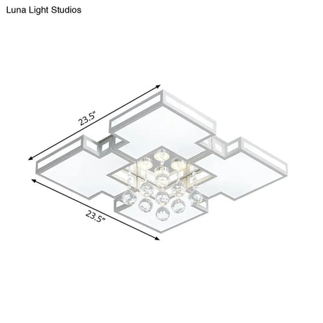 Geometric Ceiling Lamp With Integrated Led And Crystal Ball Accent - 19.5’/23.5’ Wide White