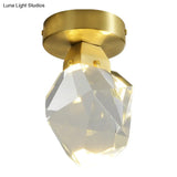 Geometric Crystal Block Led Flush Ceiling Light In Brass - Minimalist Mount Spotlight