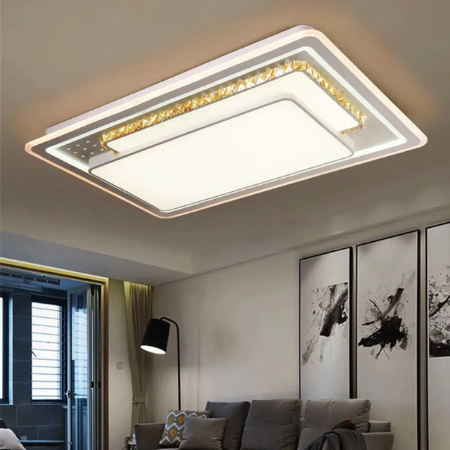 Geometric Crystal Led Ceiling Light For Living Room: Minimal Rectangle Flush Mount With Leaf
