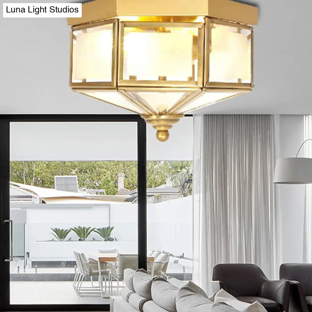 Geometric Flush Light Fixture With Frosted Glass In Brass - Ideal For Balcony Or Ceiling Mounting