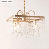 Geometric Gold Chandelier With Antique Metal Finish And Crystal Drops - Elegant Dining Room Hanging