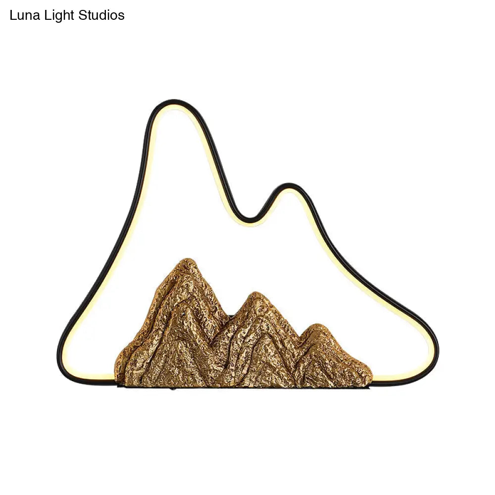 Geometric Ironic Mural Light: Led Oriental Black-Gold Wall Lamp With Mountain Pattern