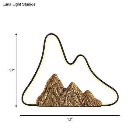Geometric Ironic Mural Light: Led Oriental Black-Gold Wall Lamp With Mountain Pattern