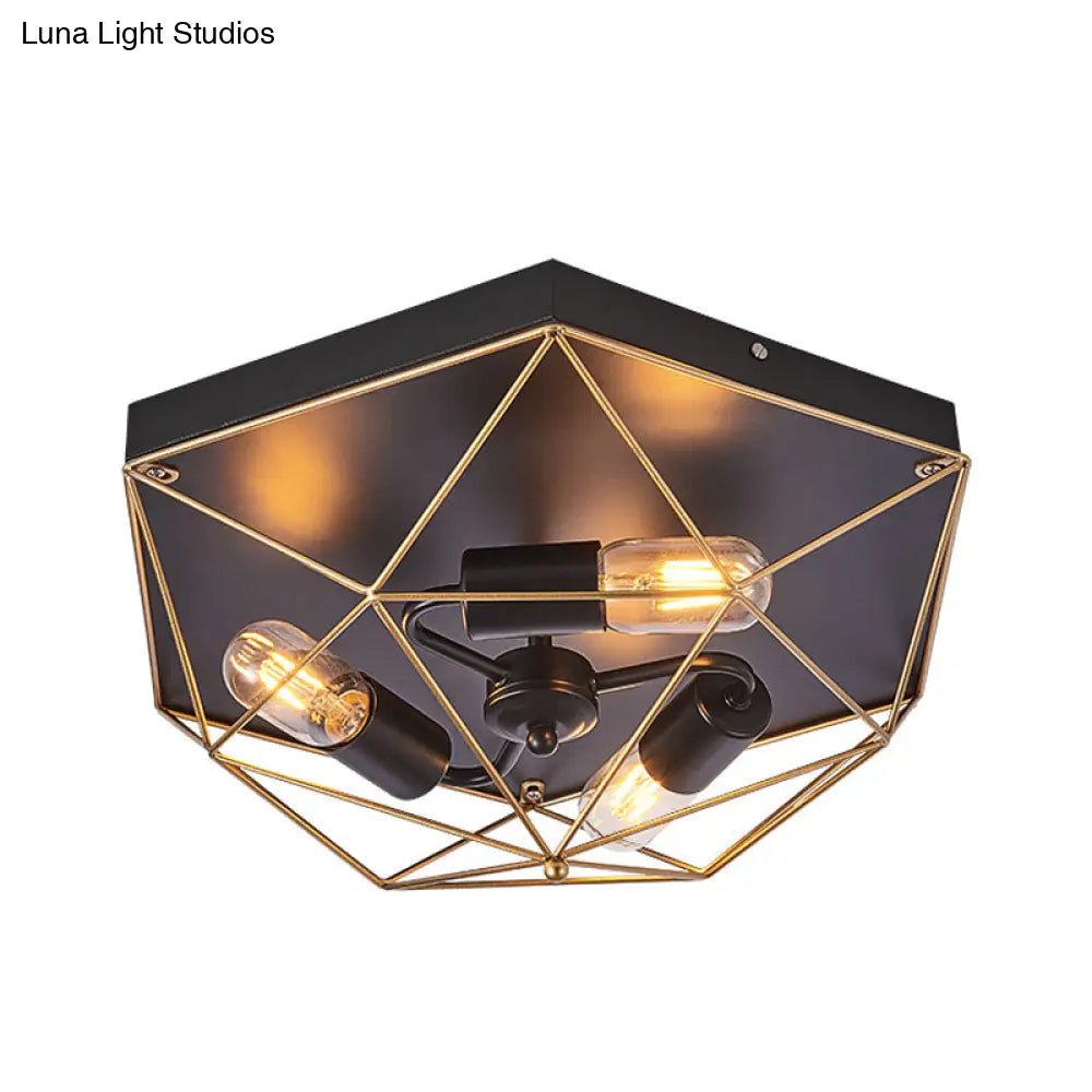 Geometric Metal Flush Ceiling Light With 3 Industrial Black Mounts