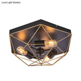 Geometric Metal Flush Ceiling Light With 3 Industrial Black Mounts