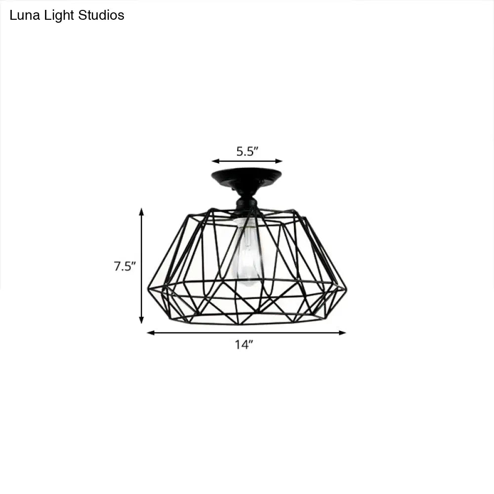 Geometric Semi Flush Industrial Black Metal Lighting Fixture With Cage