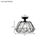 Geometric Semi Flush Industrial Black Metal Lighting Fixture With Cage