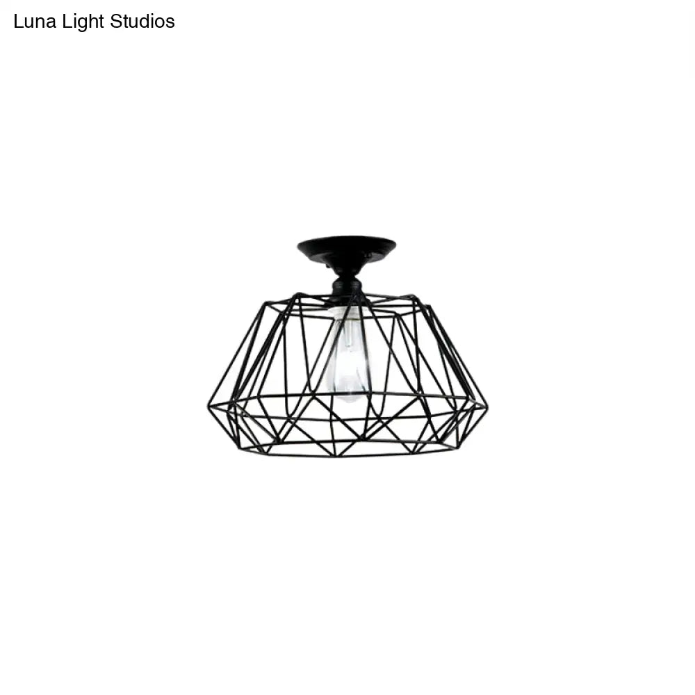 Geometric Semi Flush Industrial Black Metal Lighting Fixture With Cage