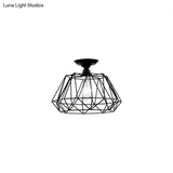 Geometric Semi Flush Industrial Black Metal Lighting Fixture With Cage