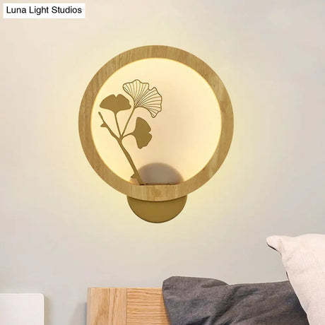 Ginkgo Biloba Led Wall Light In Asian Style - Wood Mural Fixture For Family Rooms Black/Beige