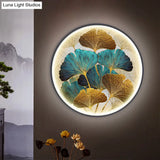 Ginkgo Leaf Led Wall Sconce In Asian Style Metal For Tearoom Decor - Green/Yellow-Green