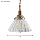 Glass Brass Pendant Lamp - Rustic Cone Design With Clear Sleek/Ribbed Finish 1 Light Down Lighting