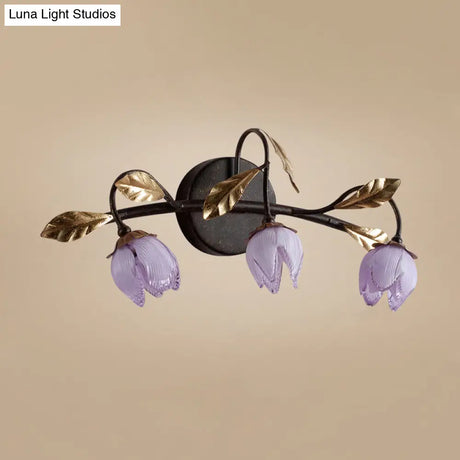 Glass Flowerbud Wall Sconce Light Fixture - Purple American Garden Design (3 Heads) For Bedroom