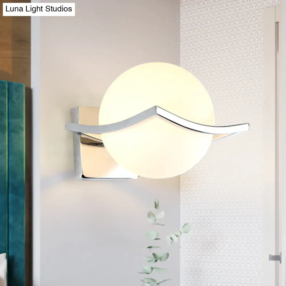 Globe Bedroom Wall Sconce Light - Matte White Glass Minimalist Mount Lamp In Chrome Box