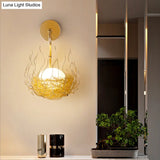 Globe Glass Wall Light Fixture With Gold Nest Design - Postmodern Sconce 8.5/10 Wide