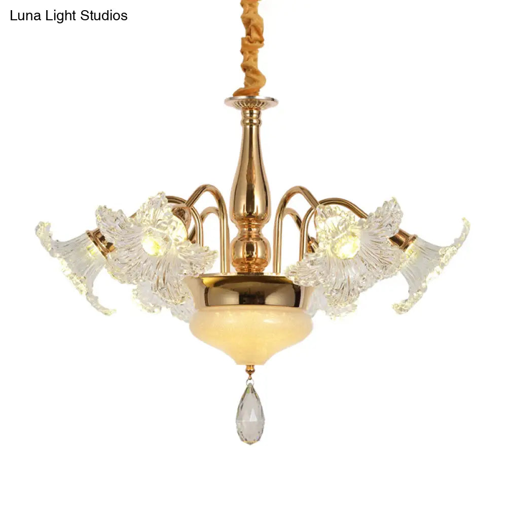 Gold 7/10 Bulbs Ceiling Light - Modern Clear Crystal Floral Shade Chandelier