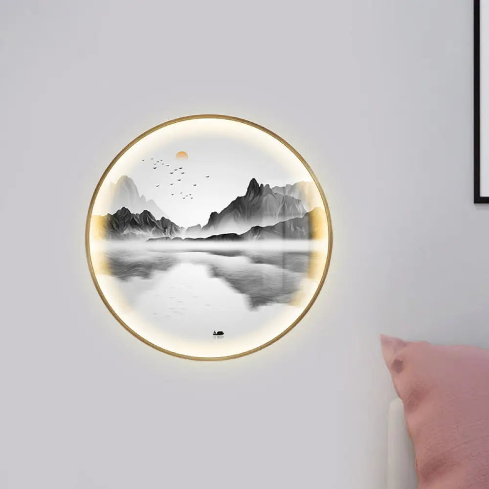 Gold Asia Style Led Wall Lamp With River And Mountain Pattern