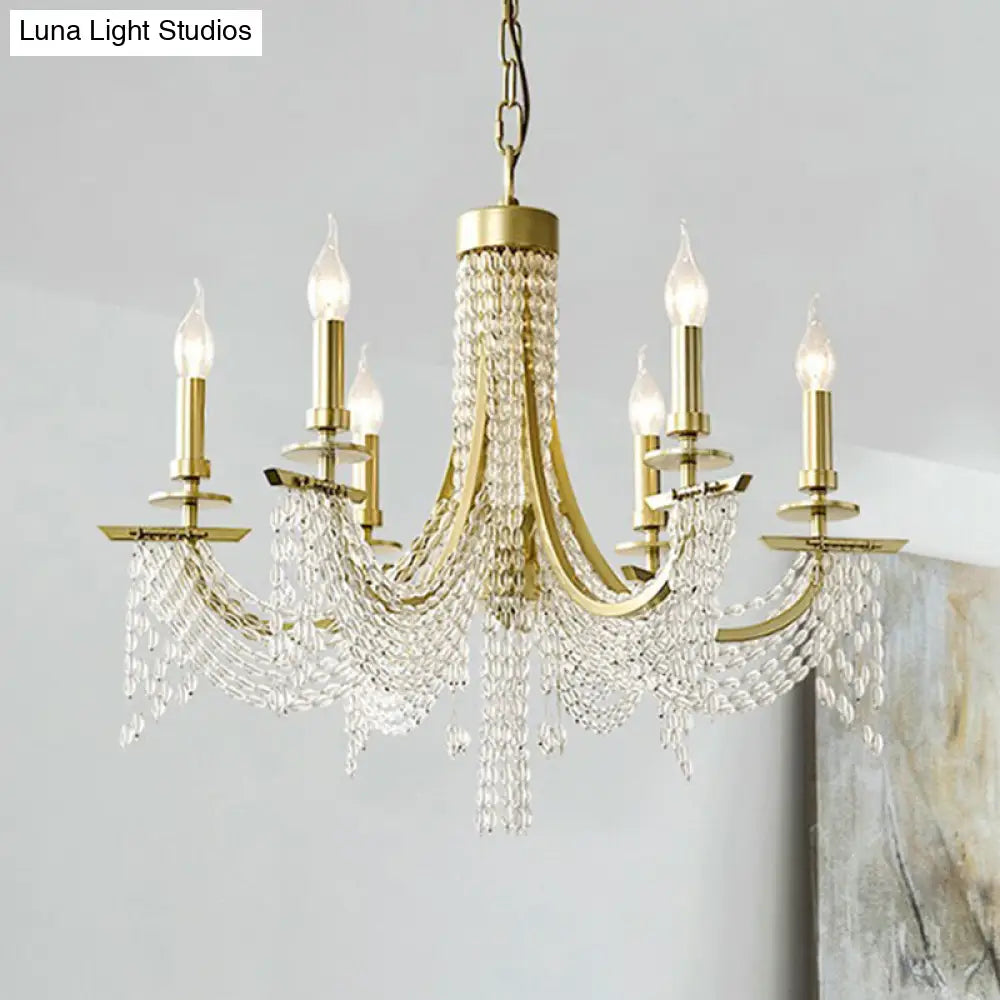 Gold Baroque Candle Chandelier - 6-Bulb Metal Suspension Lighting With Crystal Chain