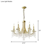 Gold Baroque Candle Chandelier - 6-Bulb Metal Suspension Lighting With Crystal Chain