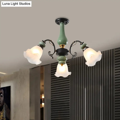 Gold/Black Floral Semi Mount Opal Glass Ceiling Lamp With 3/5 Traditional Lighting Heads - Perfect