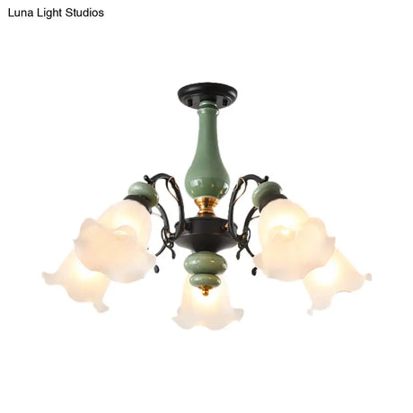 Gold/Black Floral Semi Mount Opal Glass Ceiling Lamp With 3/5 Traditional Lighting Heads - Perfect