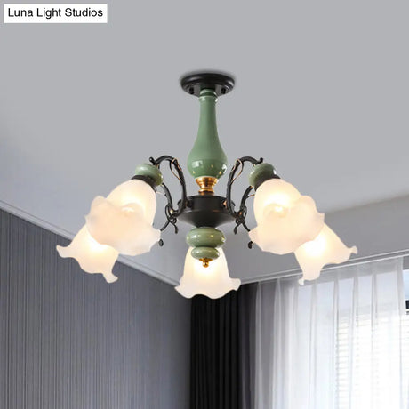 Gold/Black Floral Semi Mount Opal Glass Ceiling Lamp With 3/5 Traditional Lighting Heads - Perfect