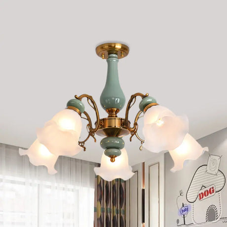 Gold/Black Floral Semi Mount Opal Glass Ceiling Lamp With 3/5 Traditional Lighting Heads - Perfect