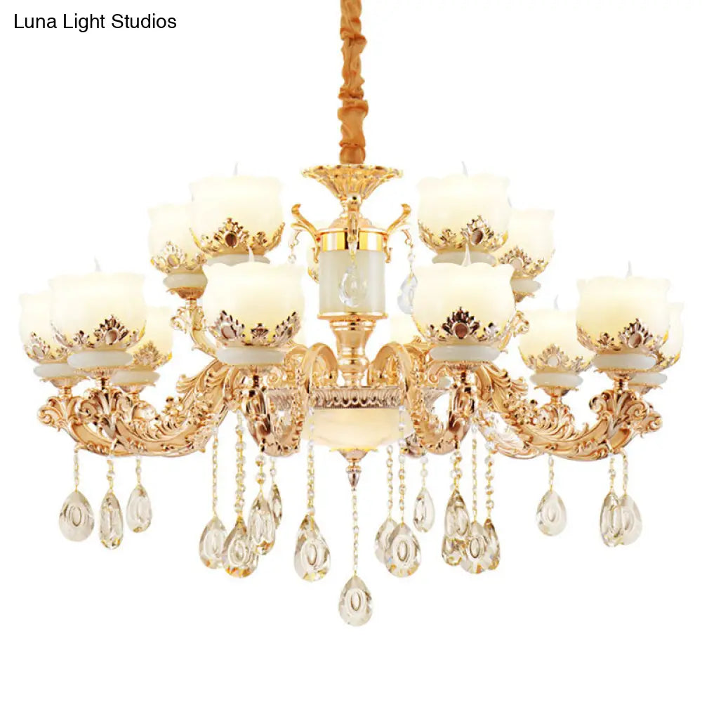 Gold Blossom Crystal Pendant Chandelier With Elegant Jade Shade