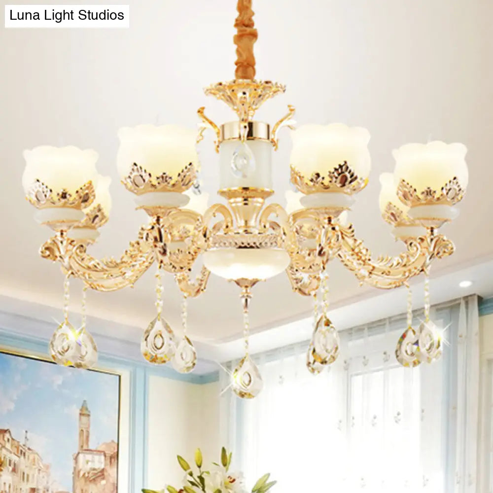 Gold Blossom Crystal Pendant Chandelier With Elegant Jade Shade