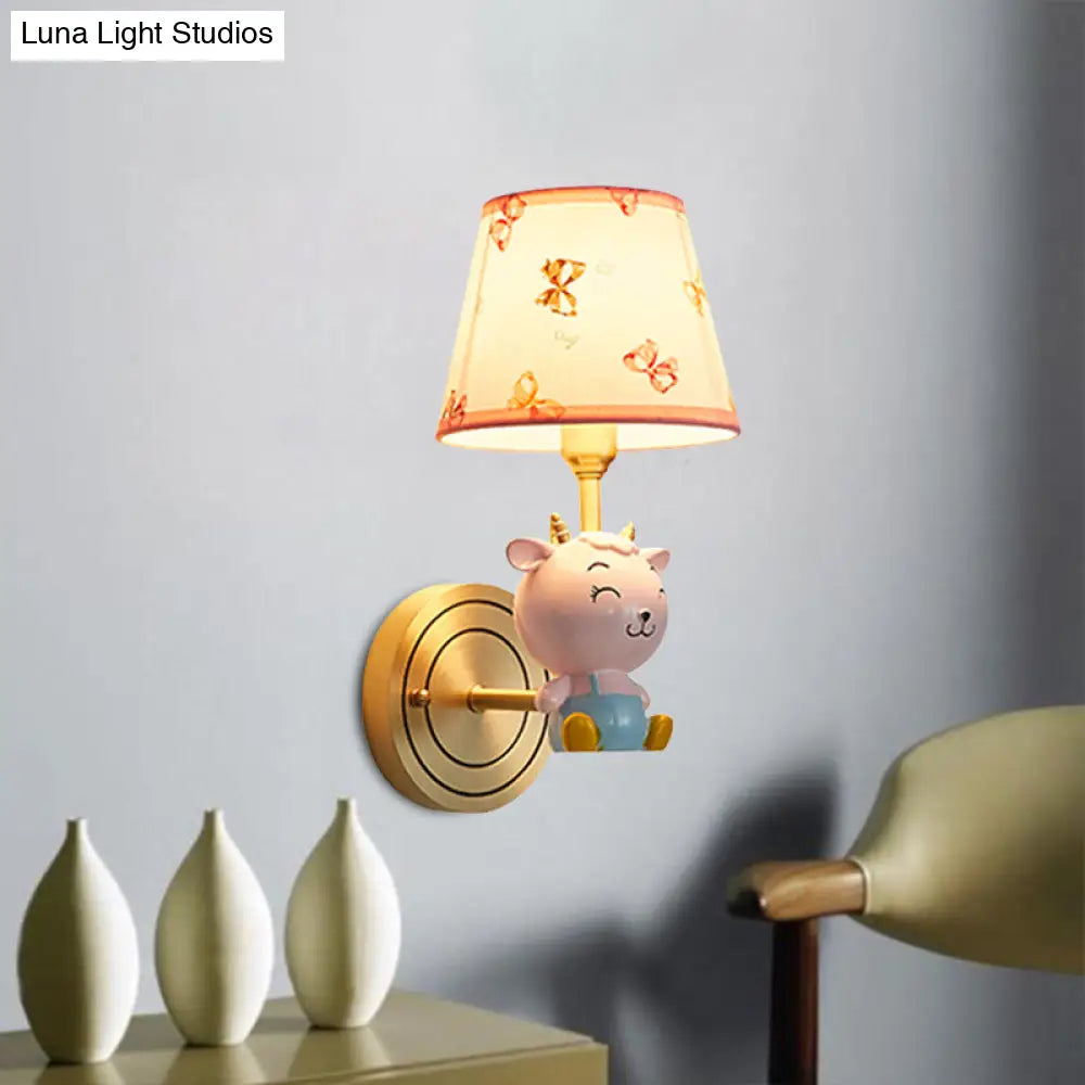 Gold Bucket Wall Sconce With Sheep Decoration: Cartoon 1 Head Fabric Lamp+