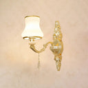 Gold Carved Arm Wall Sconce Light - Traditional Metal Bedroom With White Lampshade 1 / F
