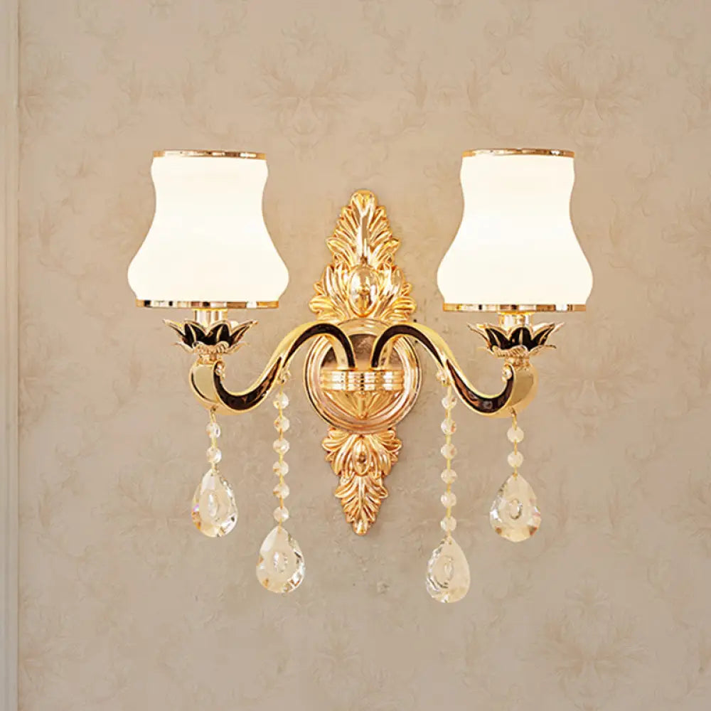 Gold Carved Arm Wall Sconce Light - Traditional Metal Bedroom With White Lampshade 2 / D