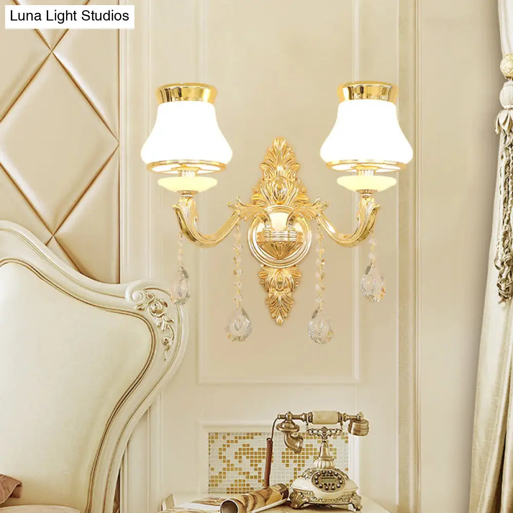 Gold Carved Arm Wall Sconce Light - Traditional Metal Bedroom With White Lampshade