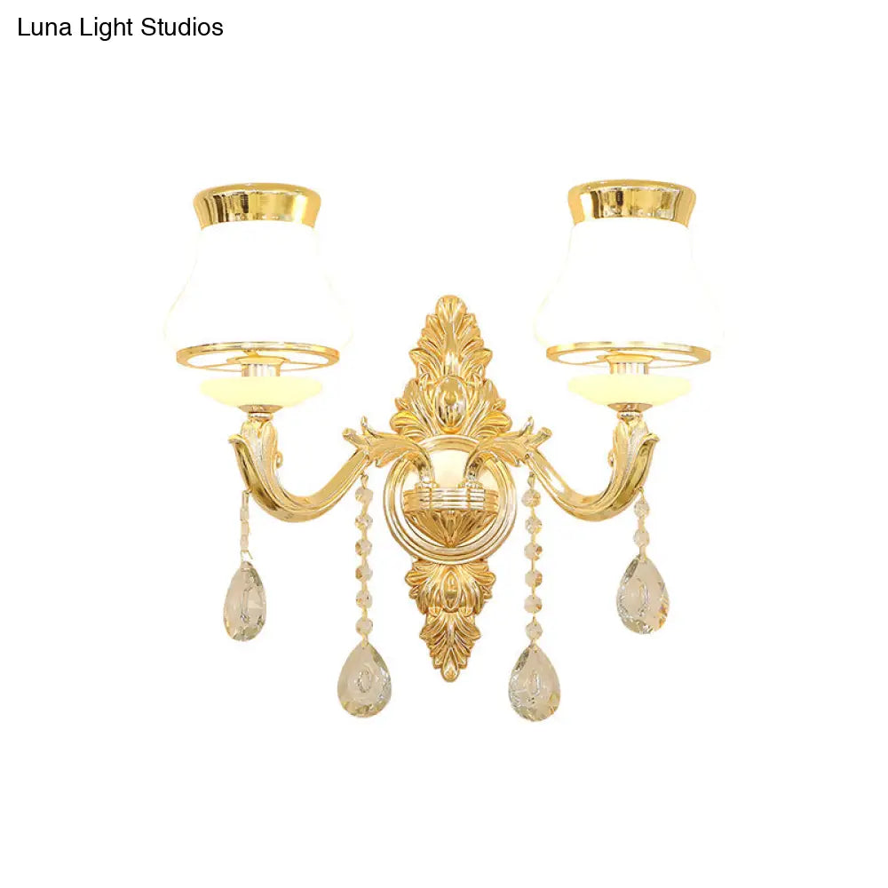 Gold Carved Arm Wall Sconce Light - Traditional Metal Bedroom With White Lampshade