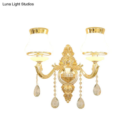 Gold Carved Arm Wall Sconce Light - Traditional Metal Bedroom With White Lampshade