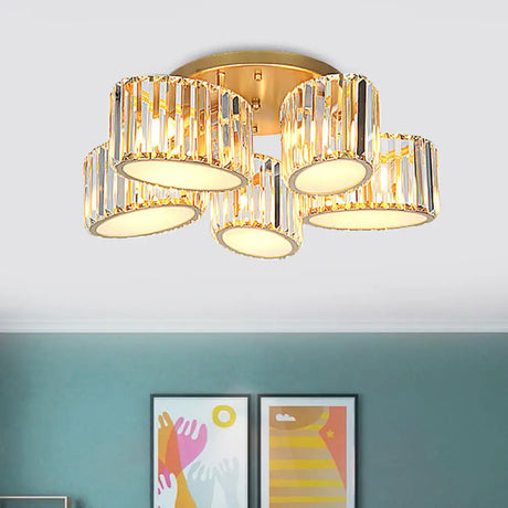 Gold Carved Crystal Semi - Flush Ceiling Lamp With Oval/Teardrop Design And 5 Lights / Oval