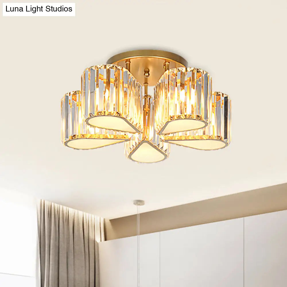 Gold Carved Crystal Semi - Flush Ceiling Lamp With Oval/Teardrop Design And 5 Lights