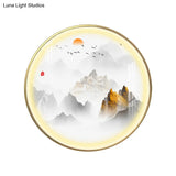 Gold Chinese Metal Led Wall Light With Mountain And Sun Pattern - Round Mural Design