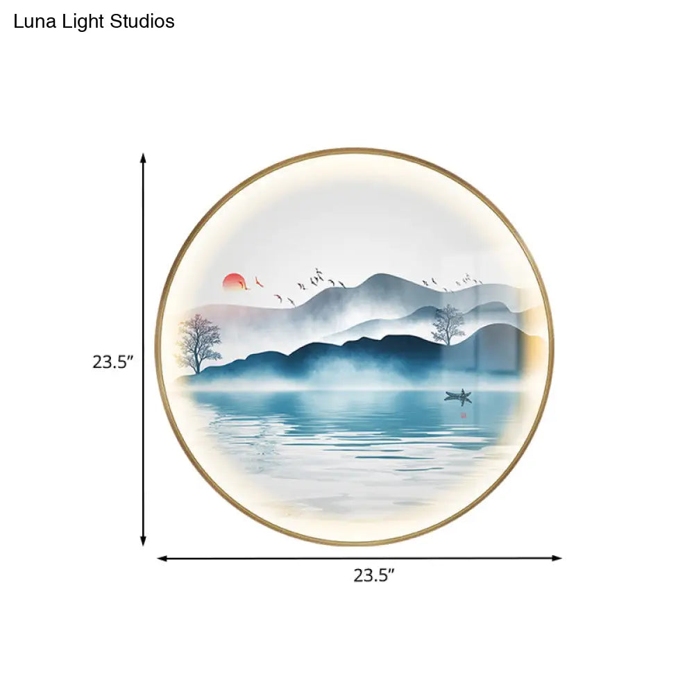 Gold Circular Mountain And Lake Mural Led Wall Light: Stunning Chinese Metallic Lighting Idea
