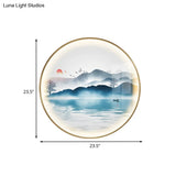 Gold Circular Mountain And Lake Mural Led Wall Light: Stunning Chinese Metallic Lighting Idea
