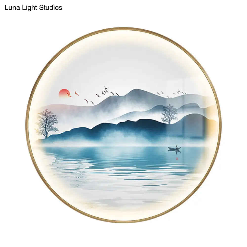 Gold Circular Mountain And Lake Mural Led Wall Light: Stunning Chinese Metallic Lighting Idea