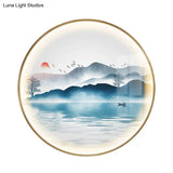 Gold Circular Mountain And Lake Mural Led Wall Light: Stunning Chinese Metallic Lighting Idea