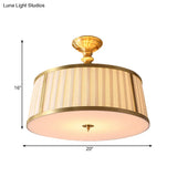 Gold Colonial Semi Flush Light With 4 Fabric - Covered Heads For Bedroom Ceilings