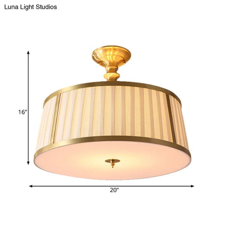 Gold Colonial Semi Flush Light With 4 Fabric - Covered Heads For Bedroom Ceilings