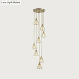 Gold Colonial Spiral Ceiling Light With Frosted Glass Shade - 8 Bulbs Pendant Lamp In Metal Cluster