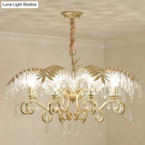 Gold Colonial Style Crystal Palm Leaf Chandelier Elegant Dining Room Suspension Lamp