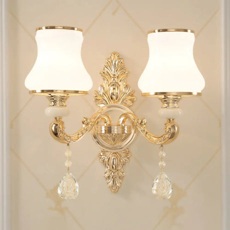 Gold Corridor Wall Light With Opaline Glass Shade And Crystal Accent 2 /