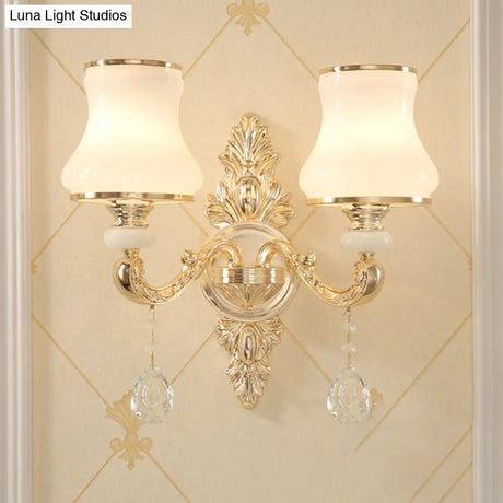 Gold Corridor Wall Light With Opaline Glass Shade And Crystal Accent