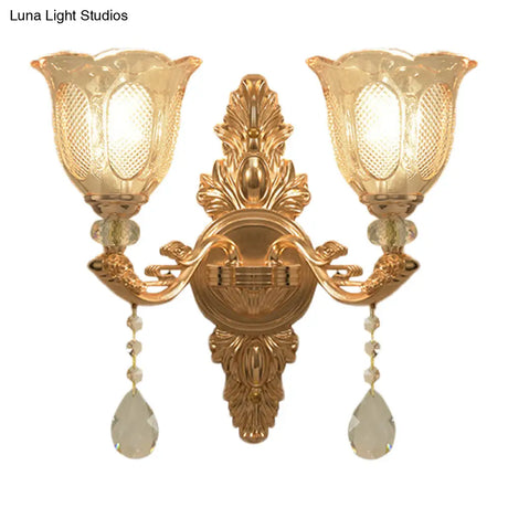 Gold Countryside Carved Glass Wall Sconce Light Fixture - 1/2-Light Scalloped Design