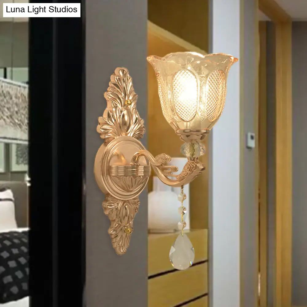 Gold Countryside Carved Glass Wall Sconce Light Fixture - 1/2-Light Scalloped Design